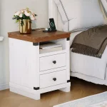 18" Farmhouse Nightstand with Charging Station, Night Stand Wood End Table with 2 Drawers, USB Ports & Outlets, Side Table Bedside Cabinet for Bedroom & Living Room
