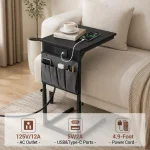 C-Shaped End Table with Charging Station and Power Outlet, Adjustable Height 18-32 Inch Couch Side Table with Hanging Organizer, Multi-Functional Bedside Table for Living Room, Bedroom, Office