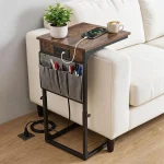 C Shaped End Table with Side Pocket, Height Adjustable Couch Side Table for Bedroom, Balcony, Living Room & Office, Black Metal Frame with Sturdy Base, Space-Saving Design - Image 6