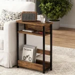 Narrow Side Table for Small Spaces, 3 Tier Small End Table with Magazine Holder, Slim Skinny Nightstand Bedside Tables with Storage Shelf for Living Room Bedroom Brown