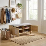 Entryway Shoe Storage Bench with Cushion - 39 in Mudroom & Hallway Seat - Rattan Storage Cabinet with 2 Doors - Shoe Rack Organizer for Bedroom -Rattan - Image 3