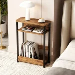 Narrow Side Table for Small Spaces, 3 Tier Small End Table with Magazine Holder, Slim Skinny Nightstand Bedside Tables with Storage Shelf for Living Room Bedroom Brown - Image 7