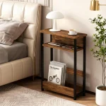 Narrow Side Table for Small Spaces, 3 Tier Small End Table with Magazine Holder, Slim Skinny Nightstand Bedside Tables with Storage Shelf for Living Room Bedroom Brown - Image 5