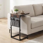 C Shaped End Table with Side Pocket, Height Adjustable Couch Side Table for Bedroom, Balcony, Living Room & Office, Black Metal Frame with Sturdy Base, Space-Saving Design
