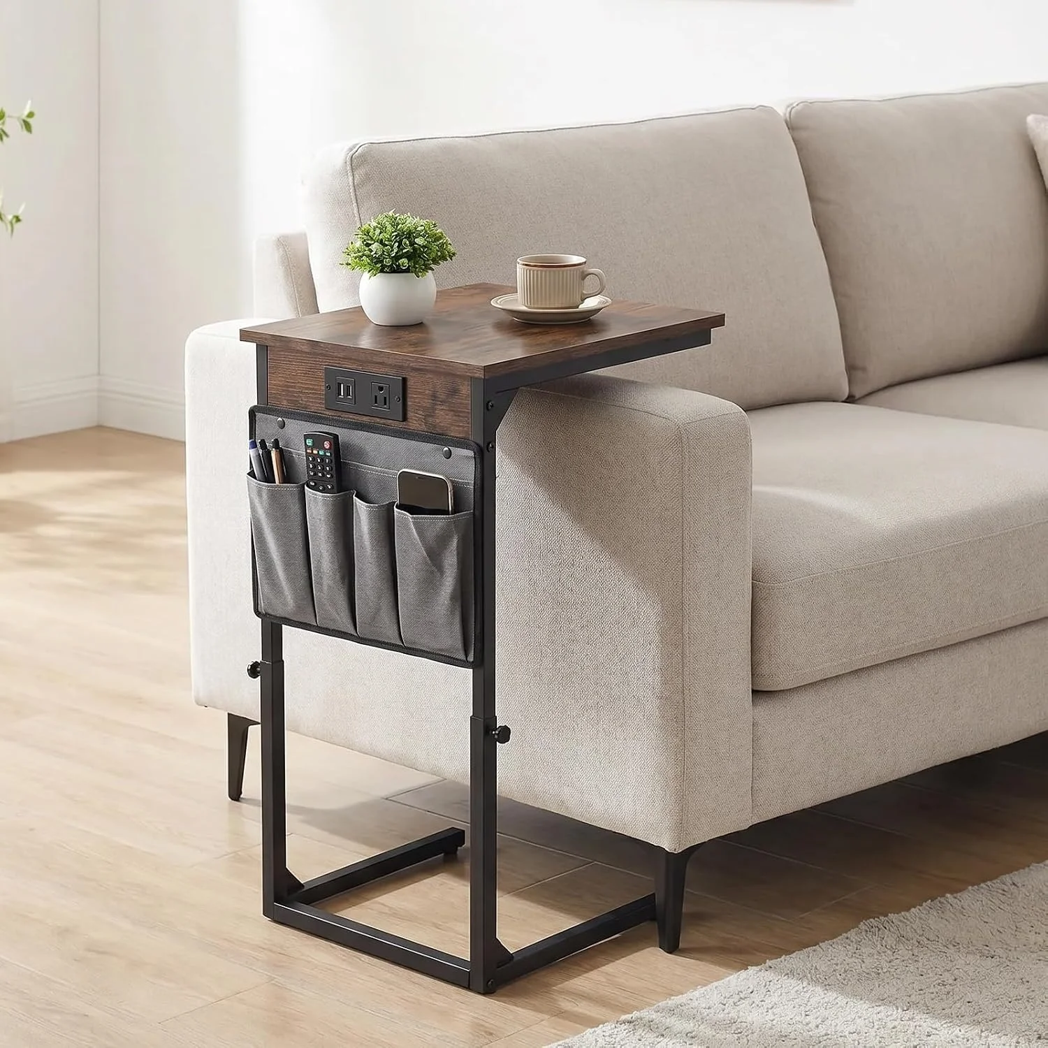 kf-S8ad6fa1d527e42a19f43009e776d65a0p C Shaped End Table with Side Pocket, Height Adjustable Couch Side Table for Bedroom, Balcony, Living Room & Office, Black Metal Frame with Sturdy Base, Space-Saving Design - Image 1