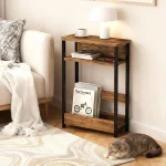 Narrow Side Table for Small Spaces, 3 Tier Small End Table with Magazine Holder, Slim Skinny Nightstand Bedside Tables with Storage Shelf for Living Room Bedroom Brown - Image 4