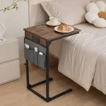 C Shaped End Table with Side Pocket, Height Adjustable Couch Side Table for Bedroom, Balcony, Living Room & Office, Black Metal Frame with Sturdy Base, Space-Saving Design - Image 4