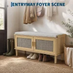 Entryway Shoe Storage Bench with Cushion - 39 in Mudroom & Hallway Seat - Rattan Storage Cabinet with 2 Doors - Shoe Rack Organizer for Bedroom -Rattan - Image 4