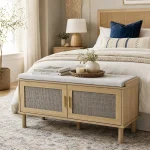 Entryway Shoe Storage Bench with Cushion - 39 in Mudroom & Hallway Seat - Rattan Storage Cabinet with 2 Doors - Shoe Rack Organizer for Bedroom -Rattan