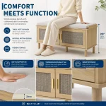 Entryway Shoe Storage Bench with Cushion - 39 in Mudroom & Hallway Seat - Rattan Storage Cabinet with 2 Doors - Shoe Rack Organizer for Bedroom -Rattan - Image 5