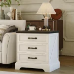Modern Farmhouse Wood Nightstand with Charging Station & 3 Large Drawers, 24 Inch Wide Rustic Bedside Table & End Table with Storage Bedside Cabinet for Bedroom Living Room Small Space White