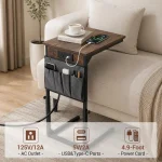 C Shaped End Table with Side Pocket, Height Adjustable Couch Side Table for Bedroom, Balcony, Living Room & Office, Black Metal Frame with Sturdy Base, Space-Saving Design - Image 3